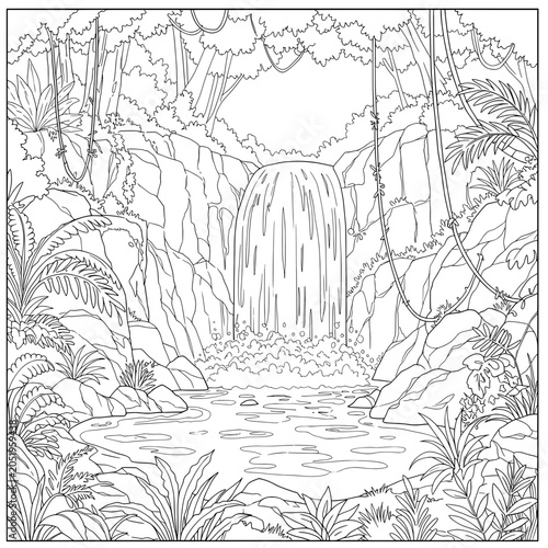 Line drawing of a jungle scene with a waterfall, trees, leaves and rocks is shown