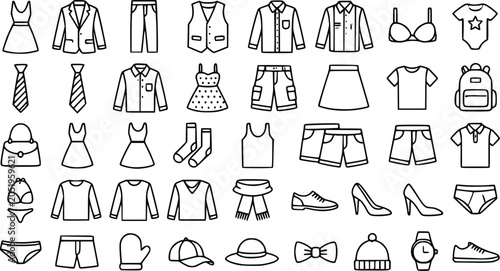 Fotografie Clothing icons set featuring various apparel items like shirts pants dresses and