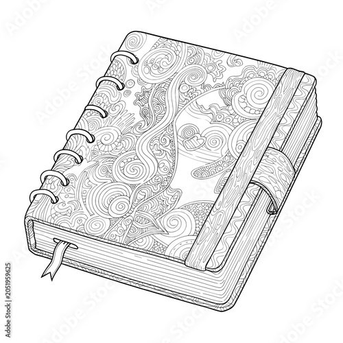 Detailed coloring book style notebook with ring binding and intricate doodle pattern