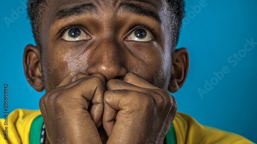 When watching the football game, the black man covered his mouth, showing a tense and astonished expression.