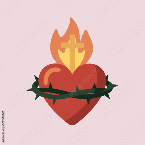 Canvas Print A red heart symbol with a crown of thorns and fire above