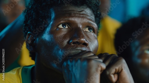 When watching the football game, the black man covered his mouth, showing a tense and astonished expression.