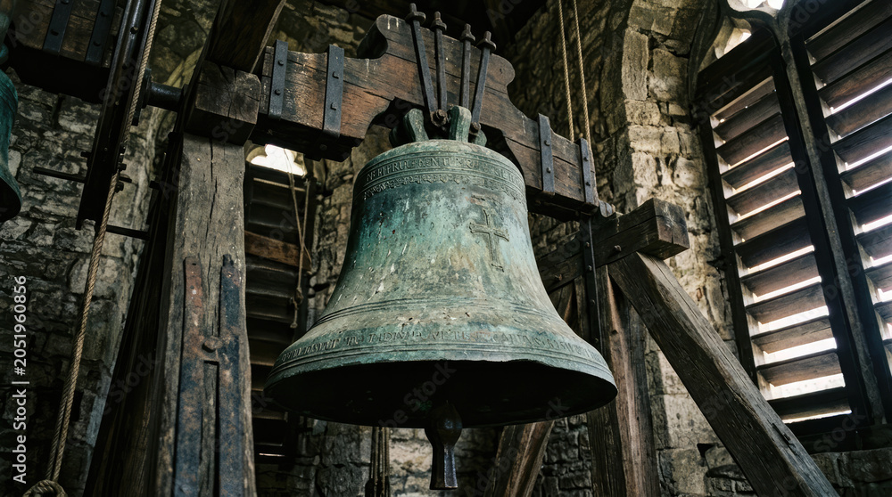 Obraz premium Ancient bronze church bell in dark wooden belfry tower.