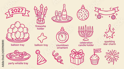 Canvas Print Collection of New Year's Eve celebration icons and symbols for 2027, including fireworks, balloons, champagne, and party favors