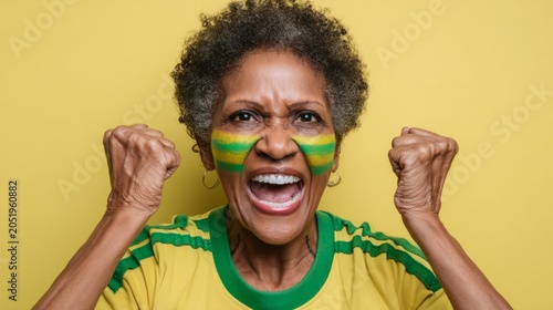 An elderly black female fan is captured in a close-up shot against a yellow background, exuding vitality. Her hands are raised forward, with her fists aligned at the shoulder level.