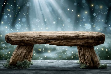 Rustic wooden bench with magical bokeh lights and ethereal sunbeams in a mystical forest setting.
