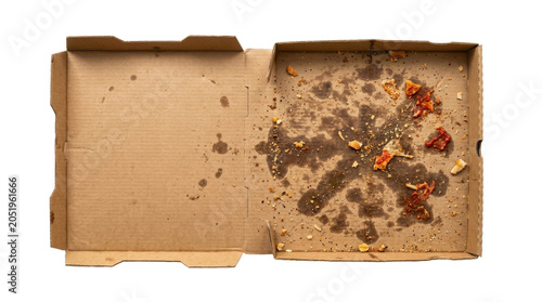 An open, greasy pizza box with leftover food on a white background