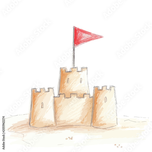 Hand drawn illustration of a simple sandcastle with a red flag.