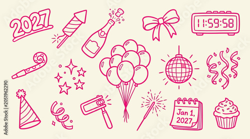 Photography Collection of New Year's Eve celebration icons and symbols for 2027, including fireworks, champagne, balloons, and party favors