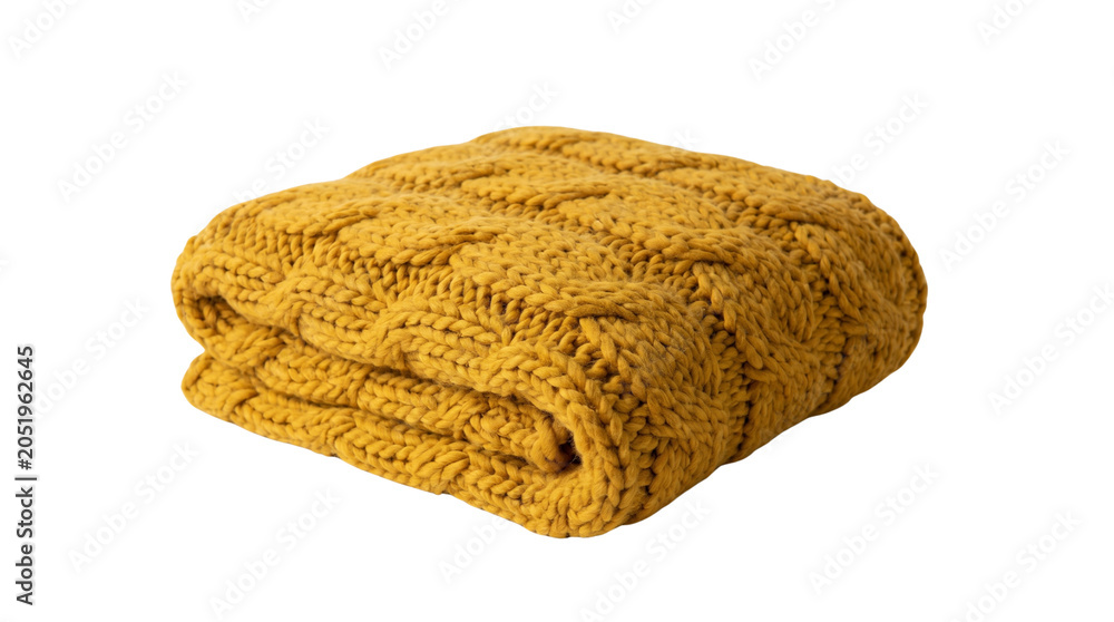 Fototapeta premium Folded yellow chunky knit blanket isolated on transparent background png