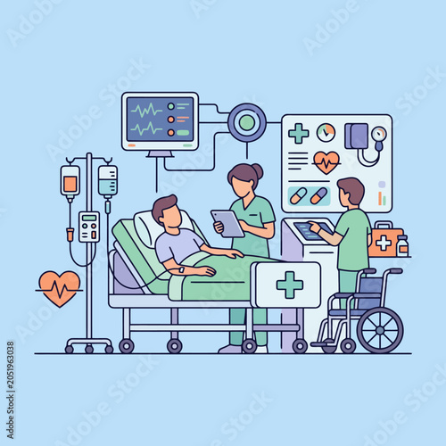 Bild auf Leinwand Medical professionals attend to a patient in a hospital room