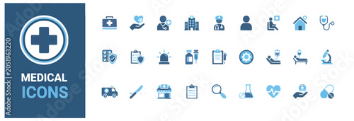 Medical and healthcare blue icon set for hospital services and clinical research tools