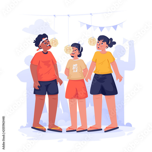 Cracker Eating Games at Indonesia Independence Day Celebration Vector Illustration