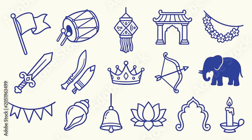 Collection of Indian cultural icons and symbols in a doodle art style, perfect for festive and traditional designs.