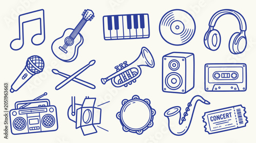 Collection of hand-drawn musical instruments and audio equipment icons in blue ink on a light background.
