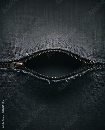 Close-up of a Brass Zipper Opening on Dark Textured Denim Fabric