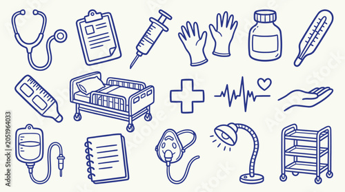 Collection of hand-drawn medical icons representing healthcare and hospital equipment in a doodle style.
