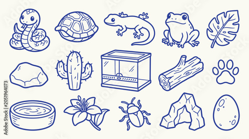 Bilde på lerret Collection of cute cartoon reptile and amphibian icons, including a snake, turtle, lizard, frog, and their habitat elements