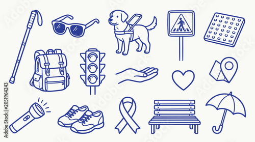 Photos Collection of icons representing accessibility, assistance, and everyday items for visually impaired individuals and general use