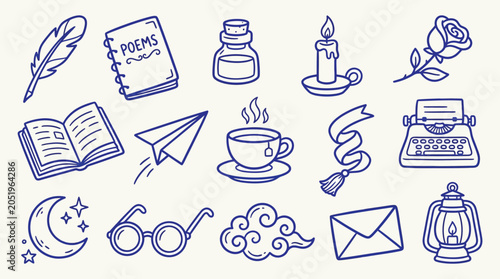 Collection of hand-drawn icons representing literature, creativity, and cozy moments.