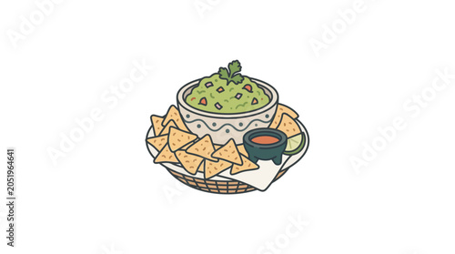 Foto Bowl of guacamole with tortilla chips and salsa