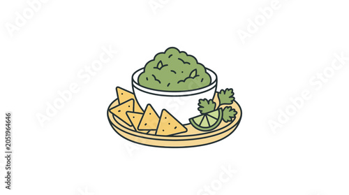 Foto Bowl of guacamole with tortilla chips and lime slice