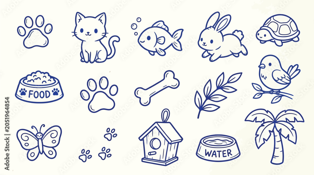 Fototapeta premium Cute hand-drawn doodle icons of various pets and related items, including a cat, rabbit, bird, fish, turtle, butterfly, paw prints, food, water, bone, birdhouse, and palm tree.