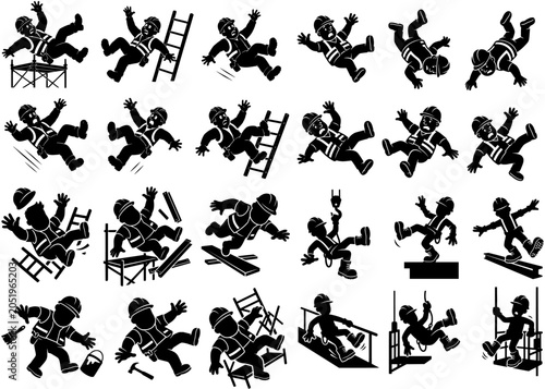 Construction workers and builders character silhouettes showing various work activities and occupational accidents vector set