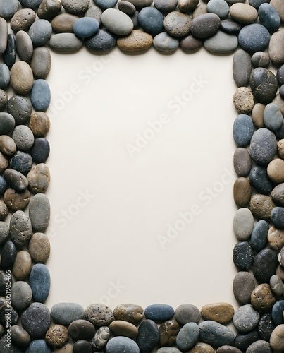 Flat lay of a pebble frame on a neutral background with copy space