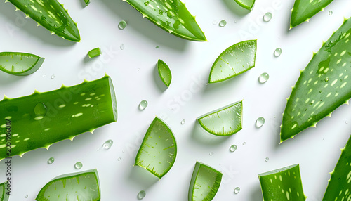 Fresh Aloe Vera Slices and Leaves with Water Droplets on White Background.