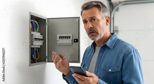 Confused man looking at a fuse box with a smartphone in his hand, experiencing an electrical problem at home.