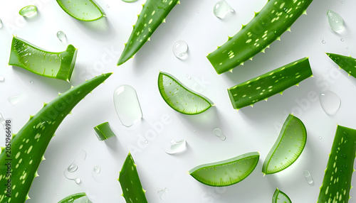 Fresh Aloe Vera Plant Slices and Leaves with Water Droplets on White Background.