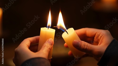 Lighting candle with another in dark setting