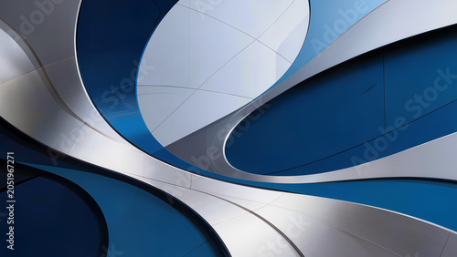 Abstract corporate background, geometric layers and smooth curves, professional business atmosphere, blue and silver color palette, modern company presentation design,