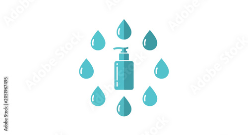 Minimalist vector of a pump bottle surrounded by water drops