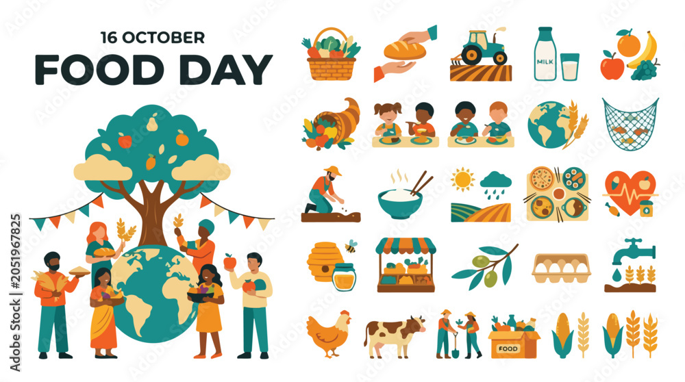 Fototapeta premium World Food Day 16 October vector illustration set, global hunger awareness icons, sustainable agriculture and nutrition concept elements