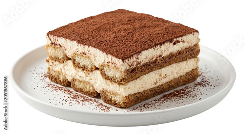 Classic Italian Tiramisu Cake Slice on a White Plate