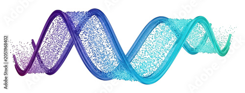 Twisting purple and teal DNA helix strand with shimmering molecular particles isolated transparent background image