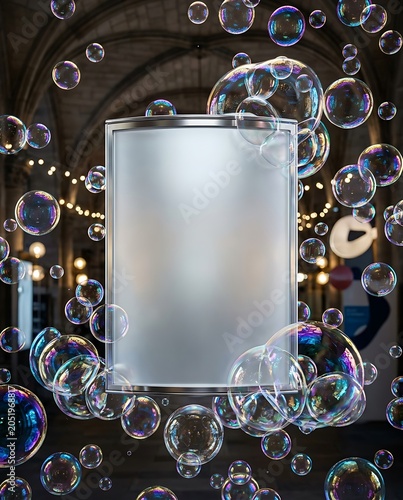 Vertical Blank Poster Mockup Surrounded by Iridescent Soap Bubbles