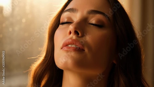 Woman enjoying peaceful sunlight indoors