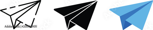 Foto Paper plane icon featuring send message button, blue paper plane logo, email and telegram vector illustration, mail sign, origami flight symbol, and online chat concept