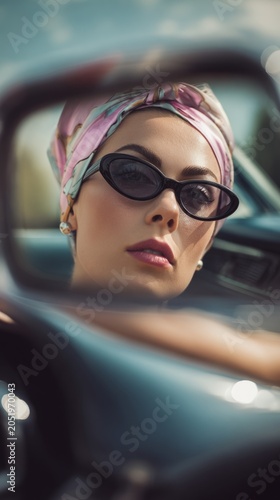 cinematic close-up of a woman reflected in a vintage car rearview mirror, ele...