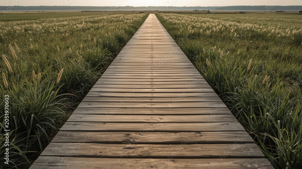 Fototapeta premium Wooden boardwalk leading through marsh grass at sunset, serene natural landscape