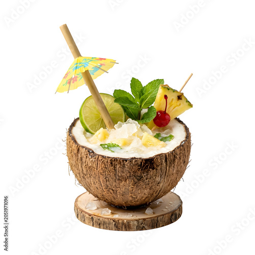 Coconut cocktail with umbrella and fruit on wooden coaster isolated on transparent background