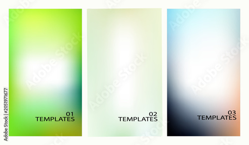 Three vertical poster templates with fresh green and blue gradient backgrounds and soft light transitions
