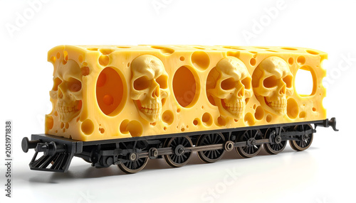 Creepy Cheese Train Car with Skull Decorations on White Background.