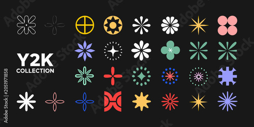 Geometric Floral Ornament Collection Y2k Style Vector Illustration On Black Background abstract floral arrangement art deco black background