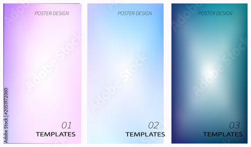 Three vertical poster templates featuring soft pastel gradient backgrounds with minimalist typography layouts