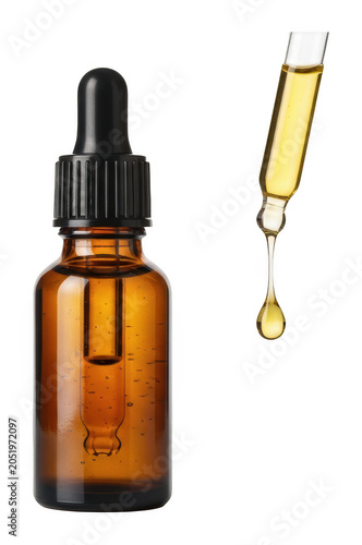 Amber glass dropper bottle with black cap and pipette dripping essential oil serum isolated transparent background image