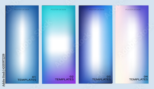 Four vertical poster templates with smooth blue and purple gradient backgrounds and clean minimalist text